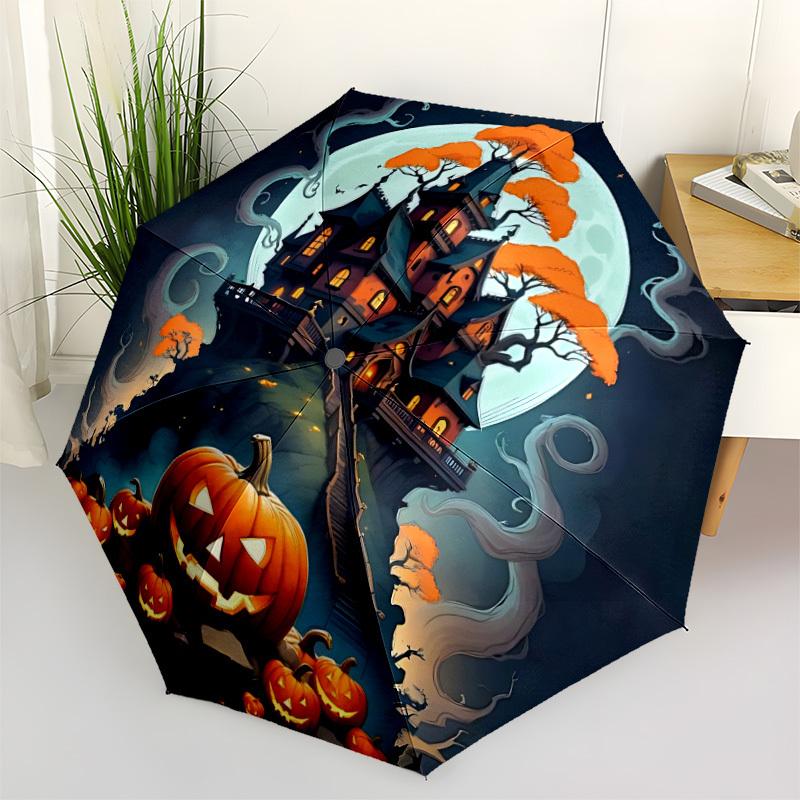 1pc Scary Halloween Haunted_House Automatic Folding Umbrella, Lightweight Retractable Compact Travel Umbrella, 8-Rib Sturdy Frame011