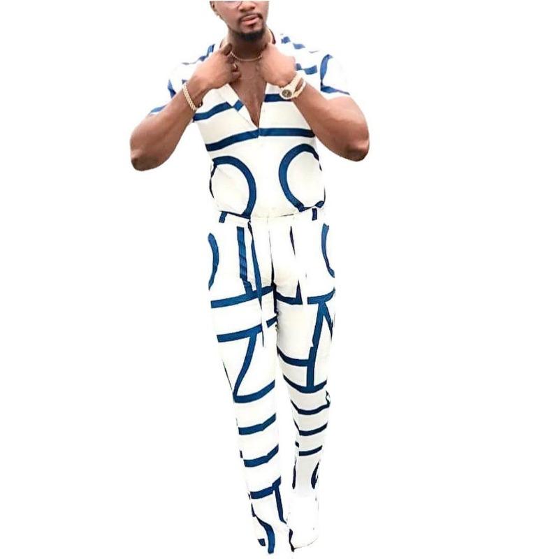 Mens Abstract Geometric Print Short Sleeve Button Up Shirt And Pants 2 Piece Casual Set S белый