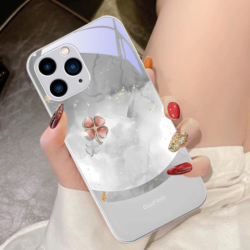 Four Leaf Clover Gradient For IPhone 16 Pro Max 15 Pro 14 13 12 Mini 11 XS Max XR 7 8 Plu SE 2022 Tempered Glass Phone Case