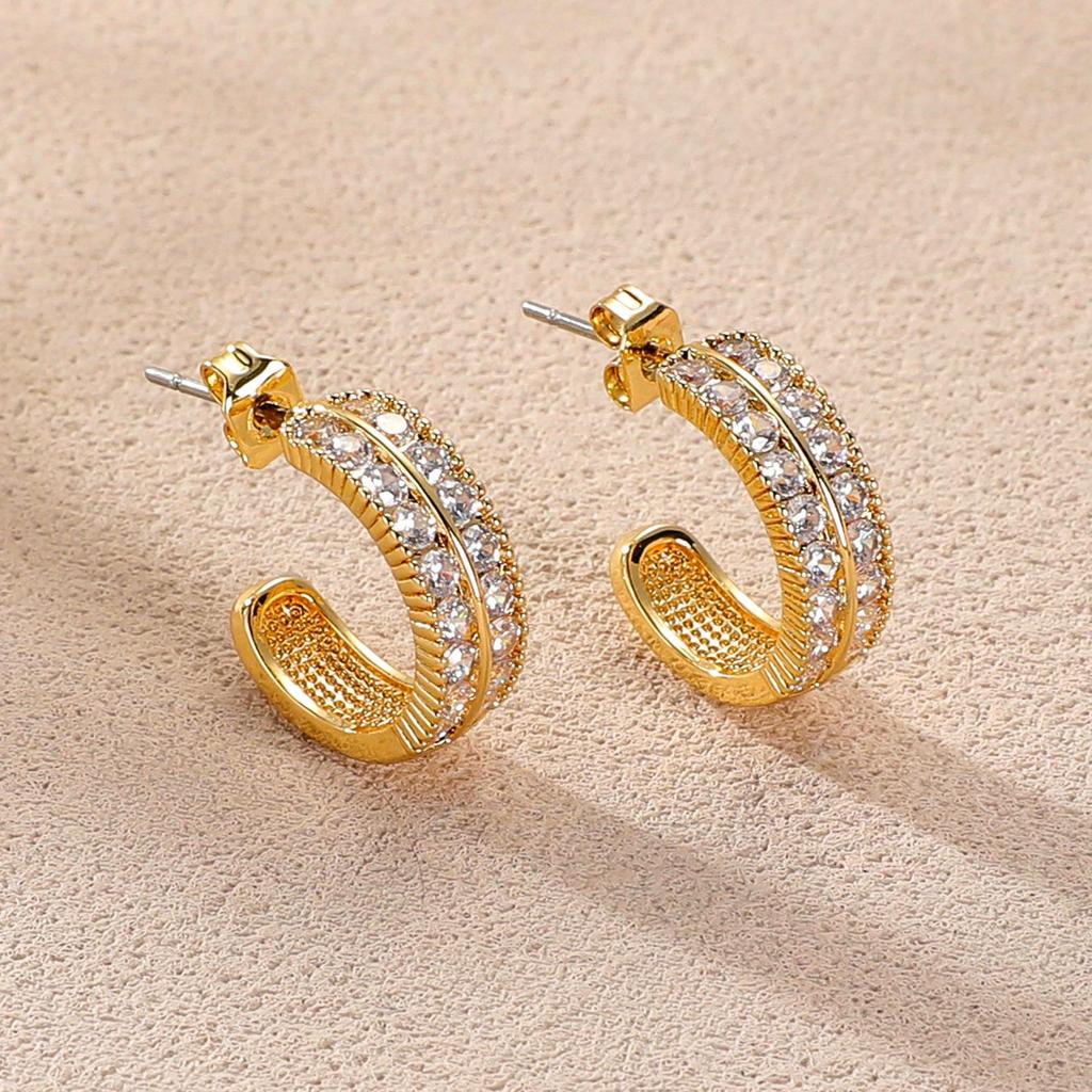 Elegant C-Shaped Zircon Stud Earrings – European and American Style, High-end Feel, Light Luxury Design