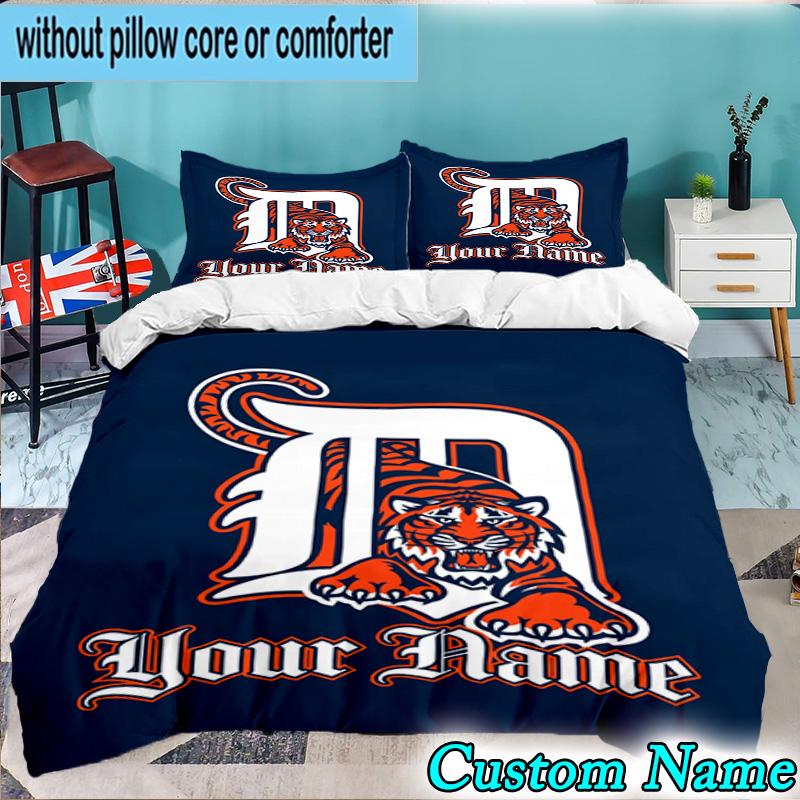 Custom Name 3PCS Detroit Tigers Emblem Bedding Set,Including Duvet Cover And 2pcs Pillowcases Perfect for Bedroom,Dormitory,Fan Christmas Gift