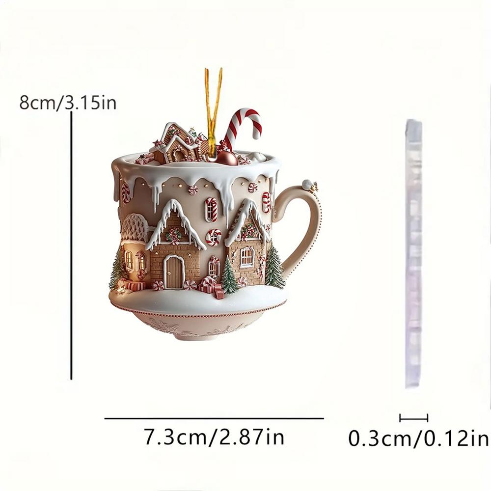 Christmas Tree Ornaments Cup House Shape Vintage Decorative Ornament Decor 2D Festive Acrylic Pendant for Hallway Bedroom