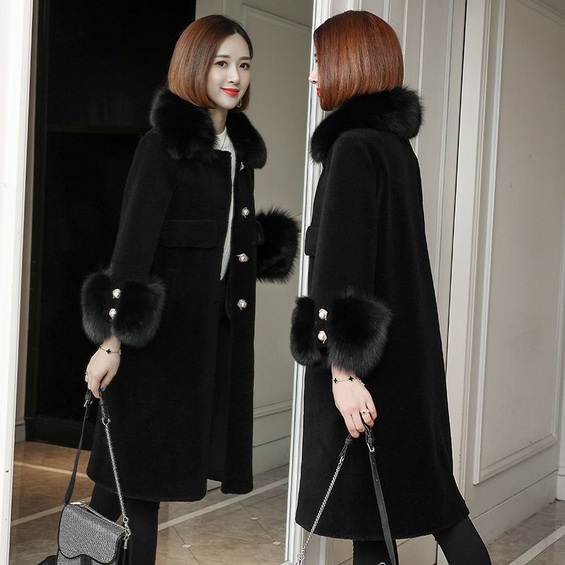 Kabát ze střižní ovčí kůže Středně dlouhý kožich s vlnou a kožešinou pro ženy Nový kabát s límcem z liščí kožešiny
