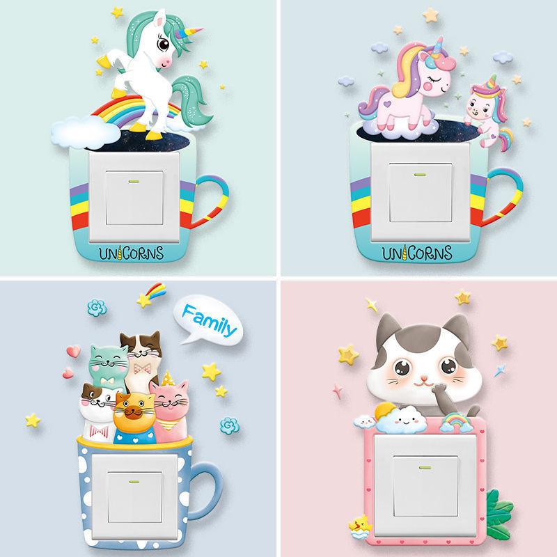 Unicorn Switch Sticker 3D Cartoon Kids Room Decor luminous Stickers Switch Cover Wall Light Unicorn Socket Stickers Decoration