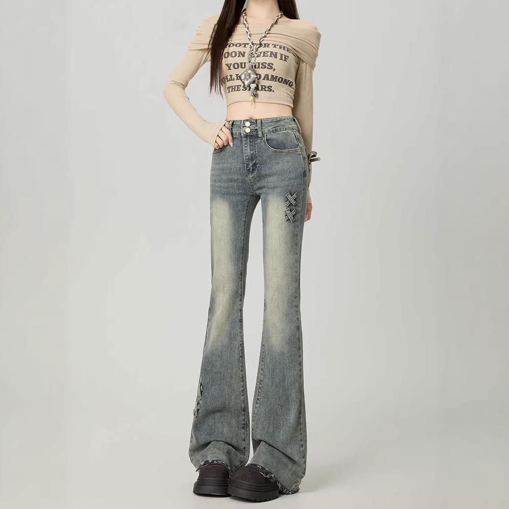 High-waisted micro-pull jeans women's spring trend versatile bow design sense slim-fitting thin micro-pull trousers