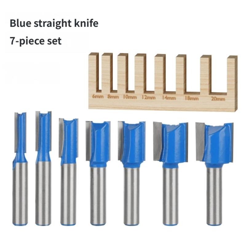 Blue Coated 8mm Shanks Router Bit 7Pieces Kit Wood Cutting Equipment For Wood Carving And Slot Cutting