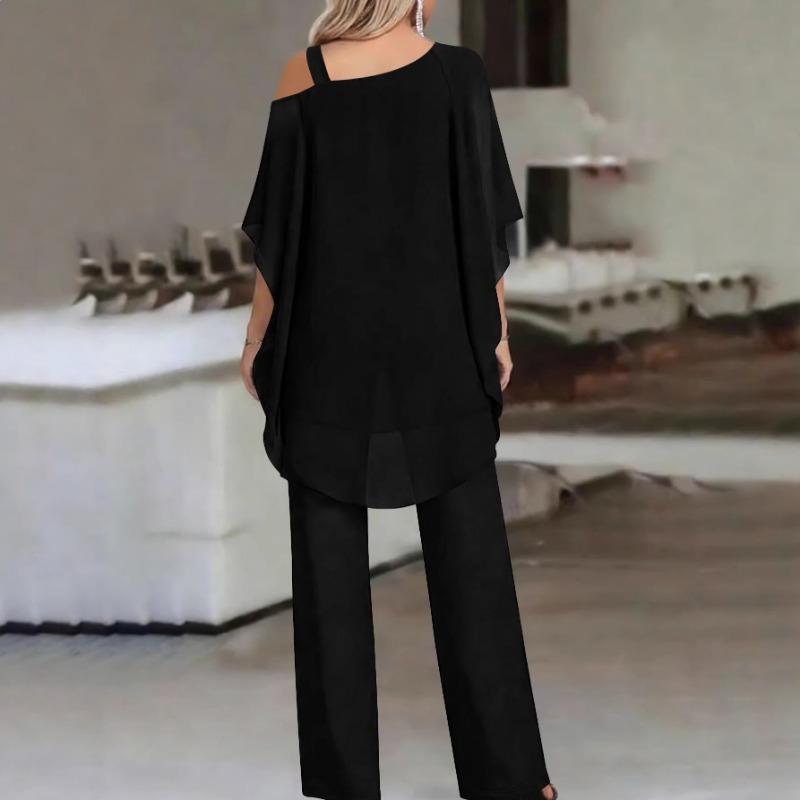 Set Due Pezzi Taglie Forti Manica Pipistrello Orlo Irregolare Top Monospalla e Pantaloni a Gamba Larga