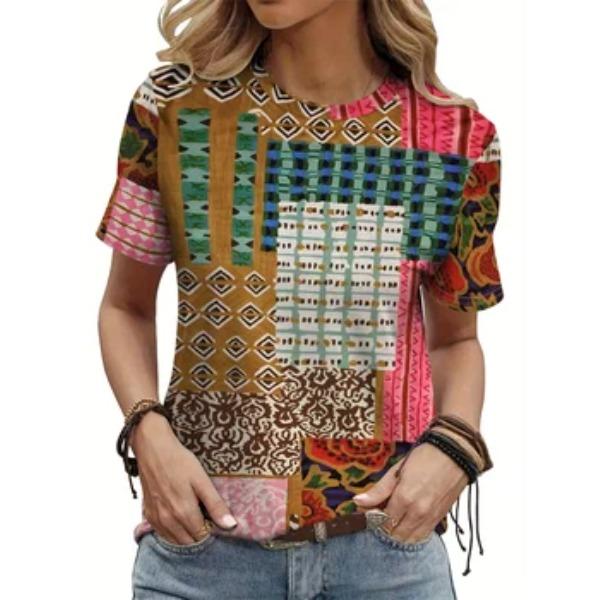 Round Neck Bohemian Style 3D Printed T-shirt for Summer Round Neck Short Sleeved Casual Women's T-shirts