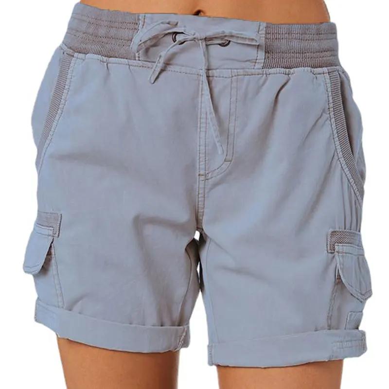 Women Shorts Cargo Pants Shorts Elastic Waist Short Pants Cotton Linen Pocket Summer Beach Solid Color Sliming Comfot Breathable