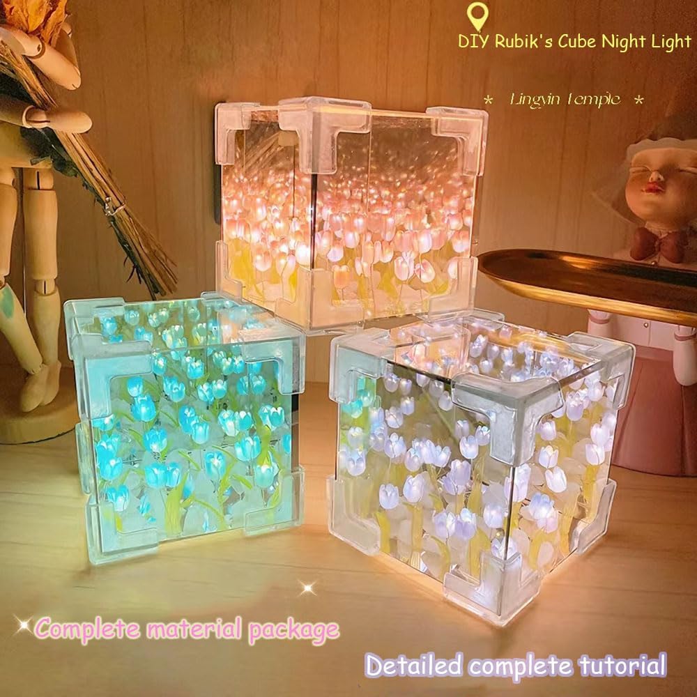 Blossom Box Tulips, Lampara De Tulipanes Infinitos, Tulip Lamp, Tulip Mirror Lamp, Tulipanes En Cajita De Cristal, Suitable for Bedroom, Living Room,