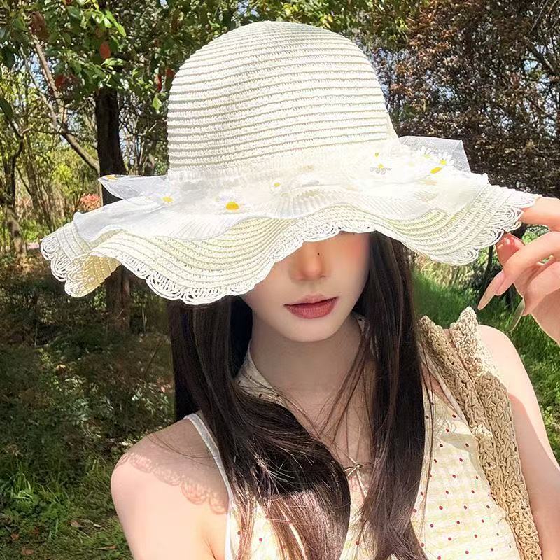 Daisy lace big brim straw hat female summer seaside beach Sanya photo vacation visor sun hat