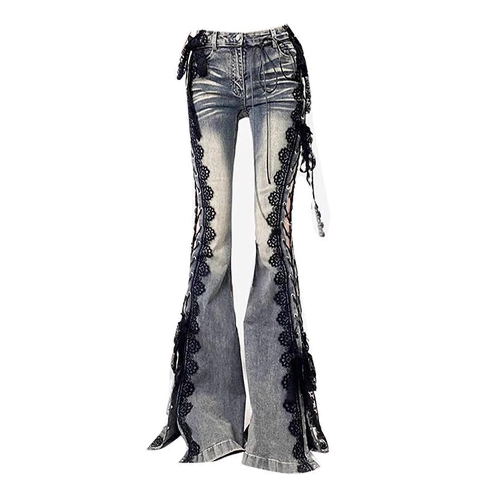 Vintage Y2k Spitzenband Split Jeans Hose Gerade Locker Weites Bein Hose Sommer Schlaghose Jeans Für Frauen XXL