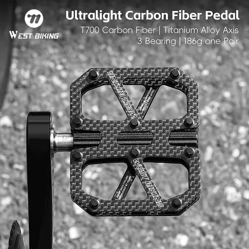 WEST BIKING Carbon Fiber Bicycle Pedals T700 Ultralight Titanium Axle 3 Bearings 2-sided Non-skid Stud MTB Road Bike Accessories