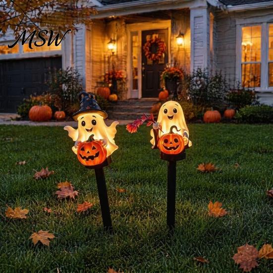Outdoor Halloween Yard Decorations Solar Ghost Pumpkin Stake Light, LED Auto Light Sensor Garden Lamp, Waterproof Cute Lawn Ornament Decorative Ground
