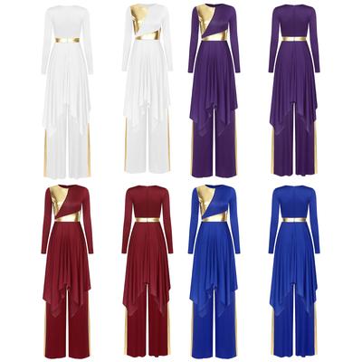 S-XXL Women's Liturgical Dancewear: Long Sleeve Metallic Color Block Dress with Asymmetrical Hem & Wide-Leg Pants