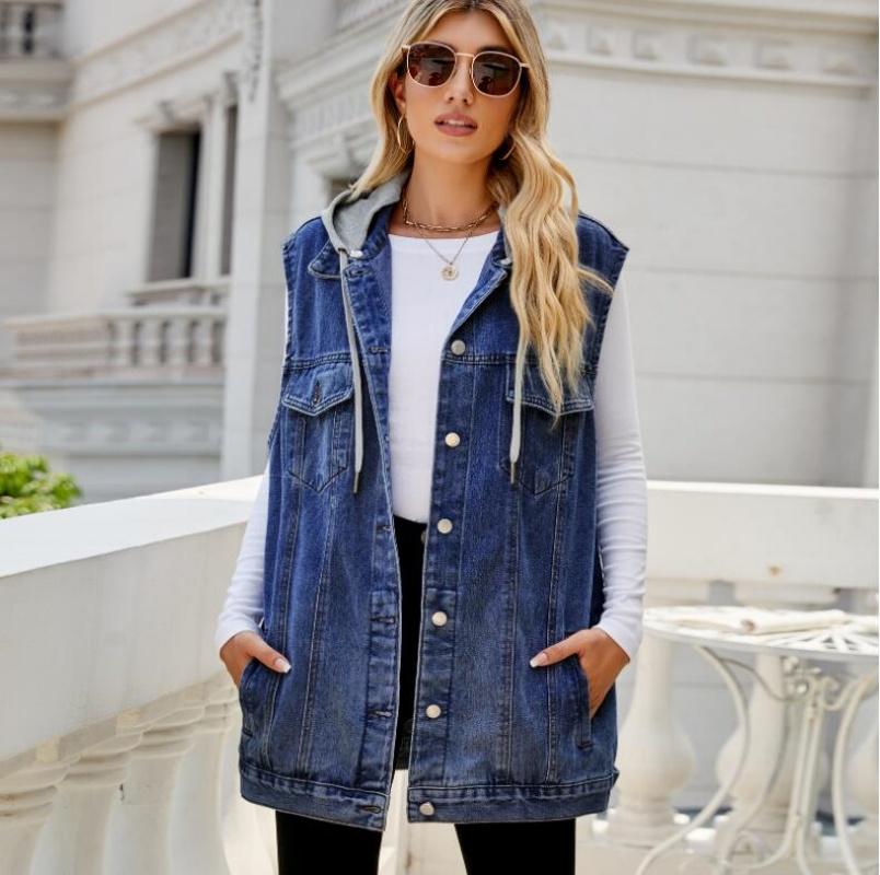 Fashion 2024 Fall Winter New Women's Sleeveless Long Denim Vest Fashion Loose Detachable Hooded Jeans Jacket Coat Casual Clothing S-XL