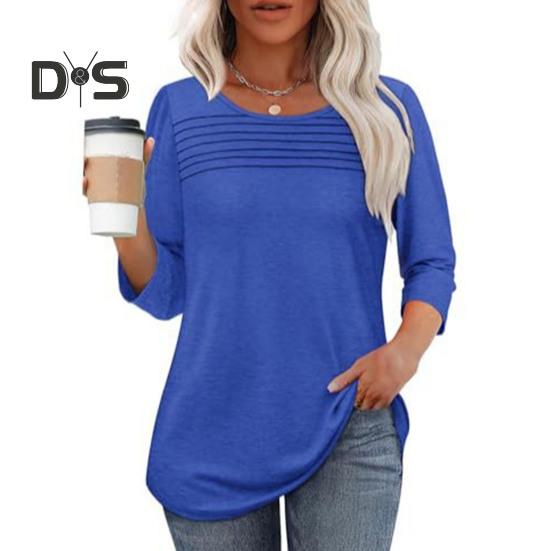 

Женские топы с круглым вырезом и рукавом 3/4, плиссированная блузка, весна-лето, однотонная, свободная посадка, повседневная футболка, повседневная одежда XXL синий