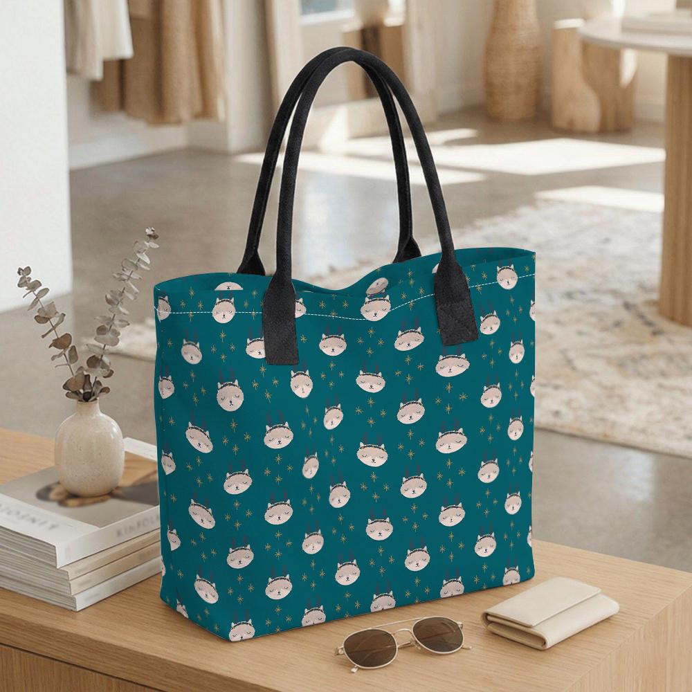 Cute Cat Print Canvas Tote Bag Casual Daily Large Capacity Shoulder Bag for Women Shopping Travel Use
