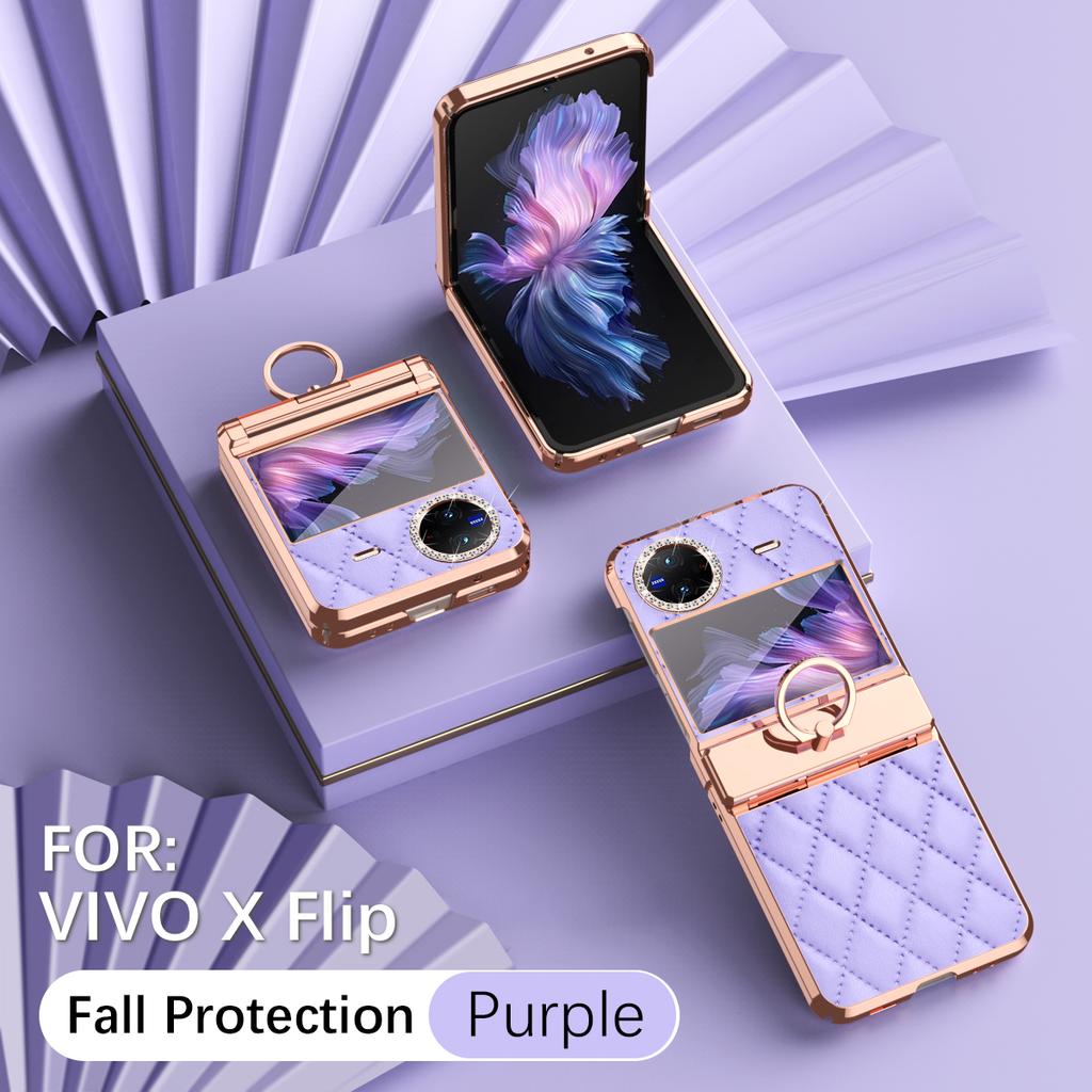Luxury Fashion Diamonds Leather Plating Ring Holder Phone Case For Vivo X Flip Hinge Full Protection Cover