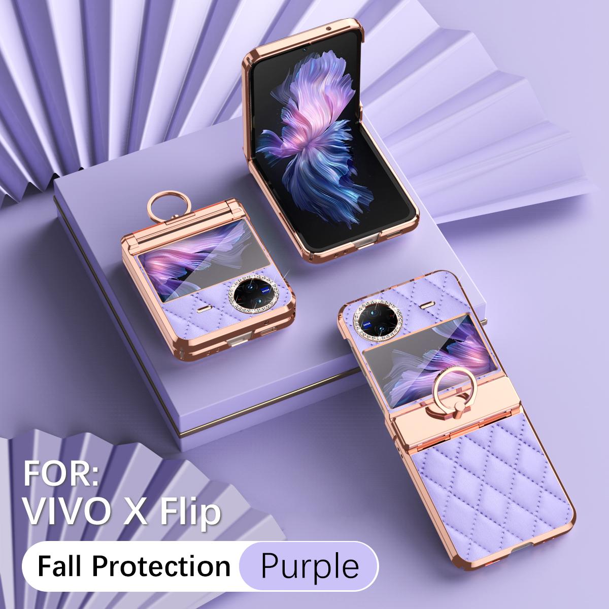 

Luxury Fashion Diamonds Leather Plating Ring Holder Phone Case For Vivo X Flip Hinge Full Protection Cover PC and Leather&vivo X Flip