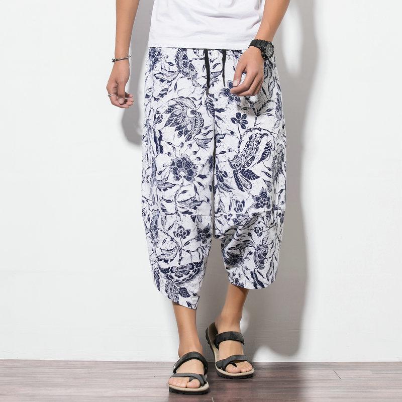 Men's Multicolor Thai Wide-Leg Bloomers - Cotton & Linen Beach Pants, Chinese Style, Spring/Summer.