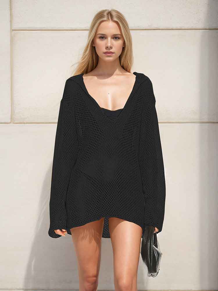 EDOLYNSA Sexy Women's Knitted Casual V-neck Hooded Long Sleeve Beach Mini Dress Hollow Out Beachwear Tunic 2024 Summer Vacation Swimsuit Cover Up K4