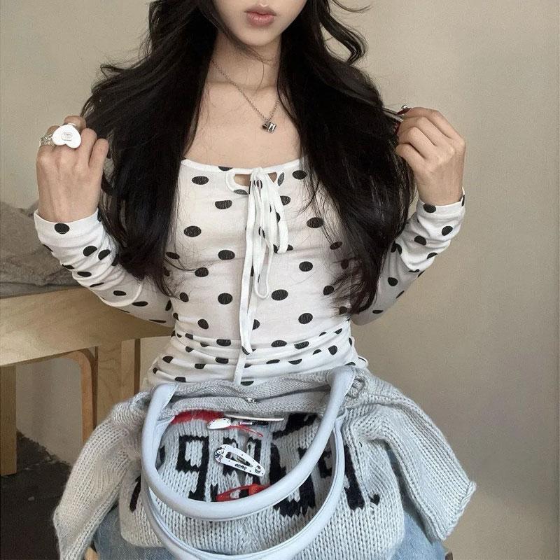 

Women Square Neck Lace Up Polka Dot Slim Long Sleeve Cropped Casual Tops S белый