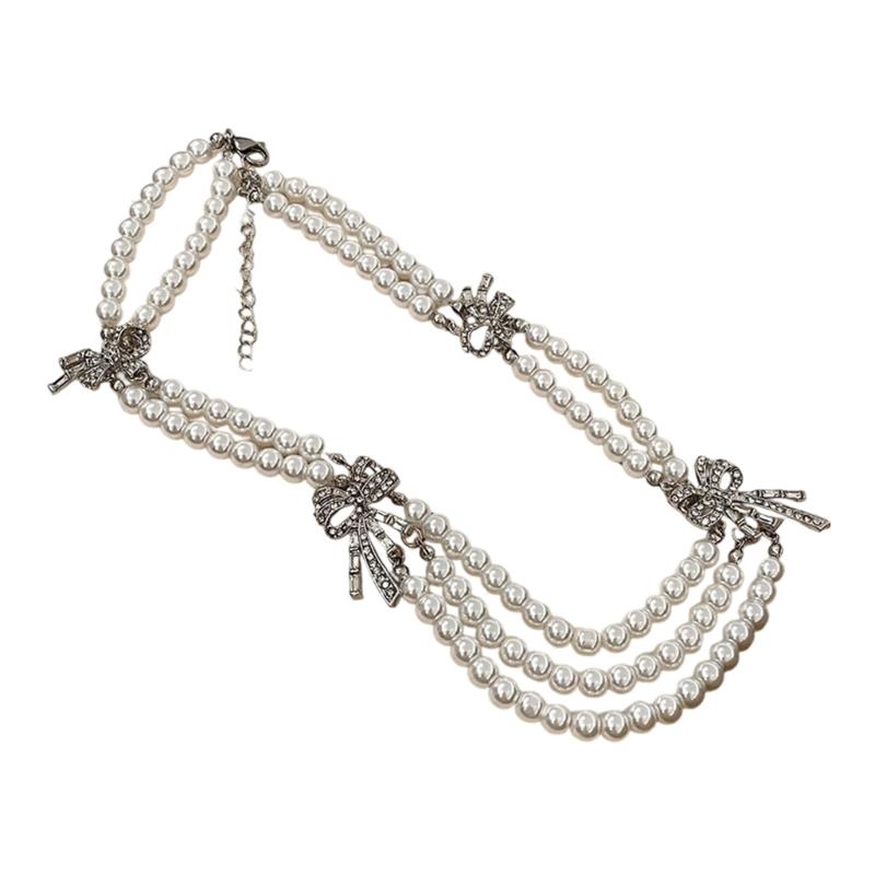 

Elegant Layered Necklace with Faux Pearls and Bowknot Multi Layer Neckchain Fashionable Women Jewelry Wedding Accessory 1