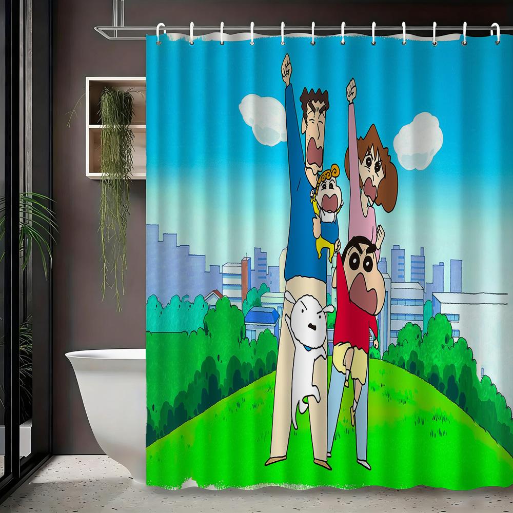 Crayon Shin-chan & Friends with Shiro 2D Print Waterproof Shower Curtain, Green Anime Bathroom Decor with Hooks