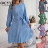 Autumn and Winter Casual Long-sleeved Floral Pleated Skirt Women's Wear