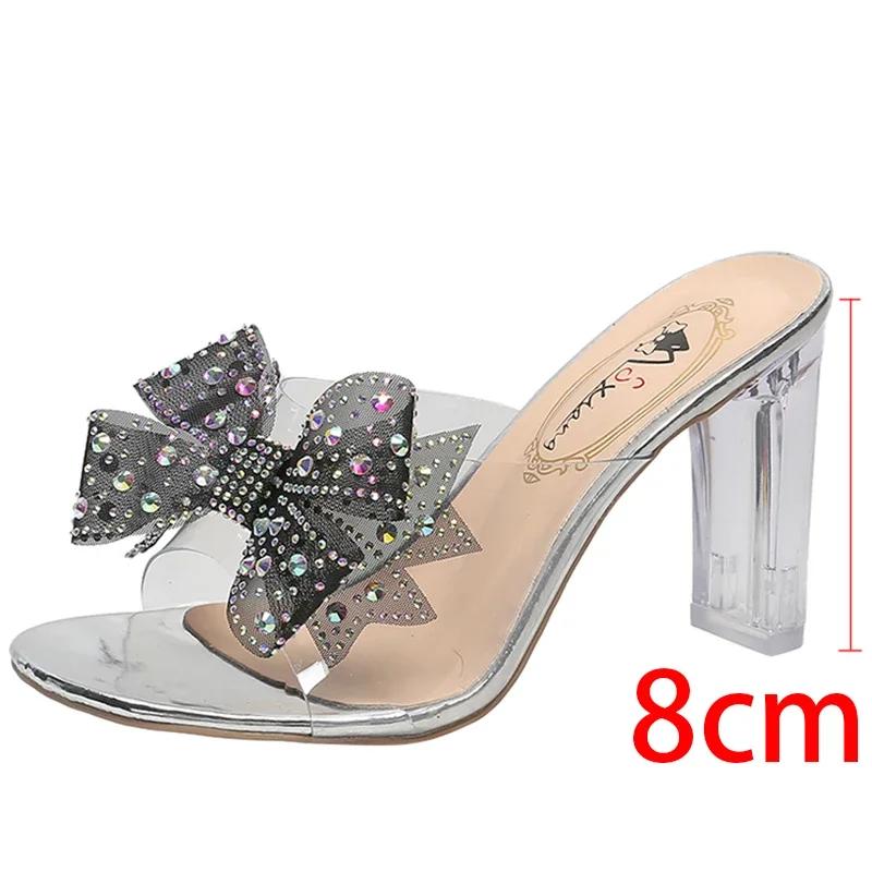 Fashion Rimocy High Heels Crystal Bowtie Slippers Women 2025 Summer Open Toe Transparent Pvc Sandals Woman Clear Heeled Party Slides