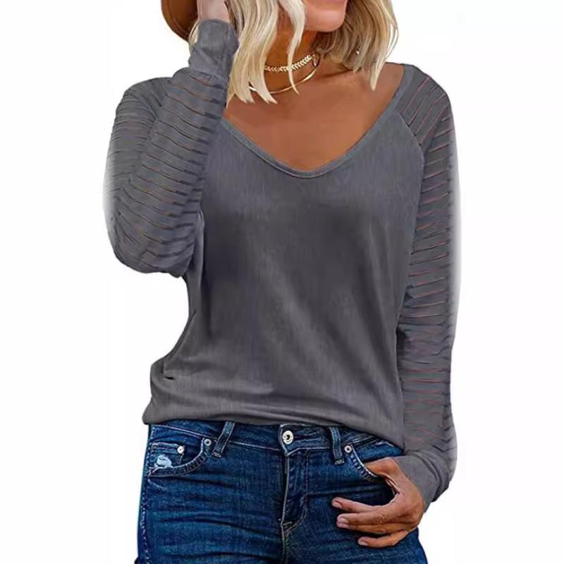 Women's Splicing Long Sleeve Top Striped Casual Loose Shirt Ladies T-Shirt