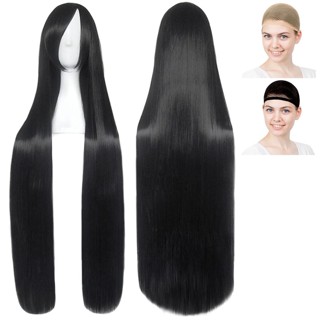 CaseEden Cosplay Wig, Long, 100cm, Black Hair, White Merch and Wig Net (Set of 2)