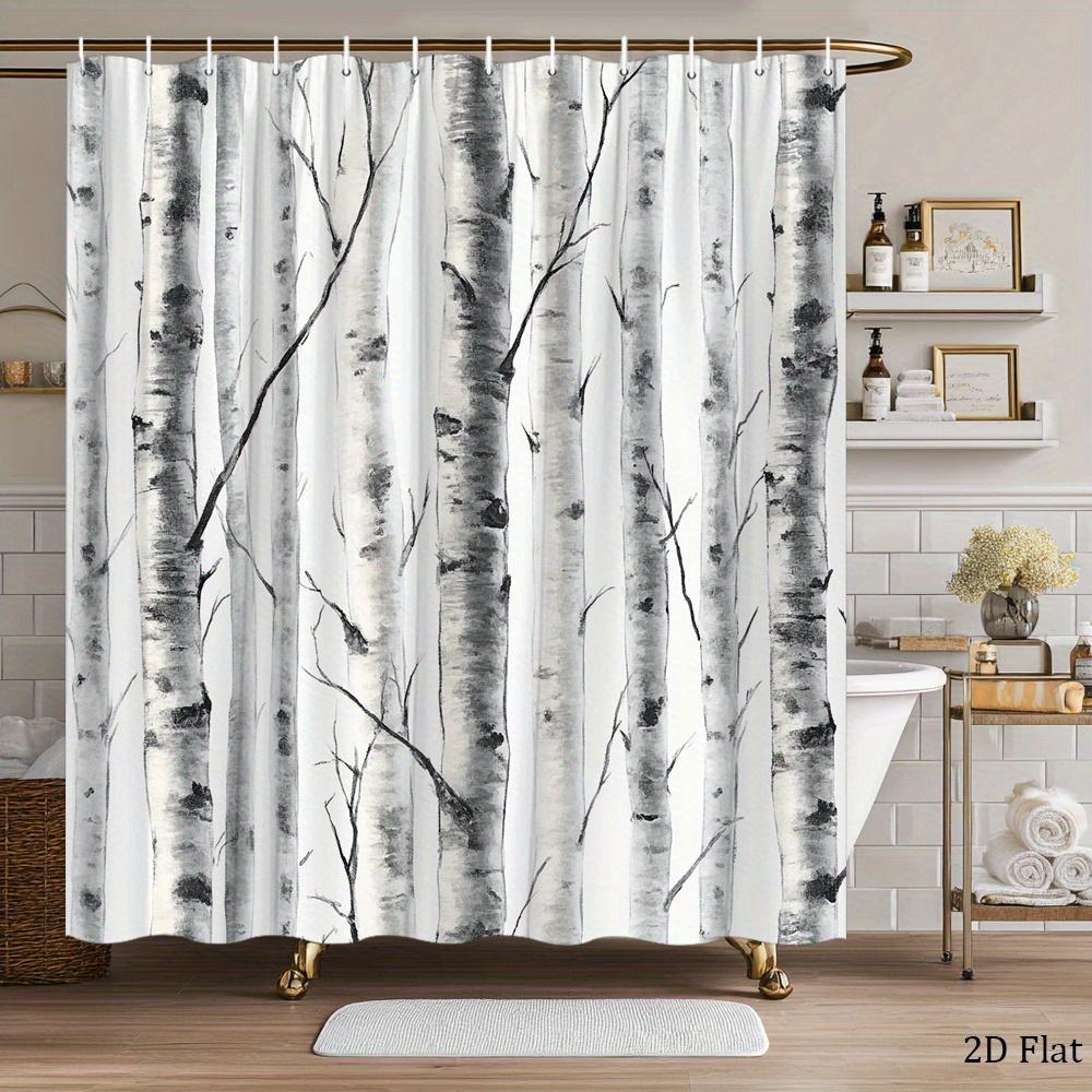 Berkenboom Douchegordijn Minimalistisch Wit En Grijs Bosprint Polyester Badgordijn Met 12 Haken Voor Moderne Decor