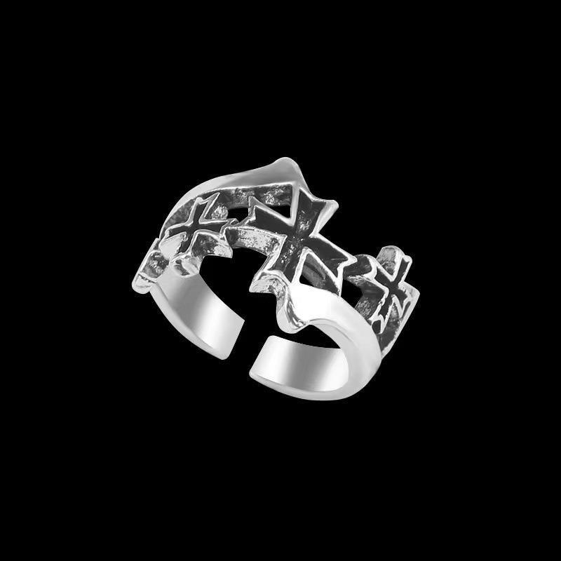Retro Triple Cross Ring For Men Punk Gothic Rock Hiphop Adjustable Ring Handmade Unisex Zircon Bikers Accessories Lovers Gift