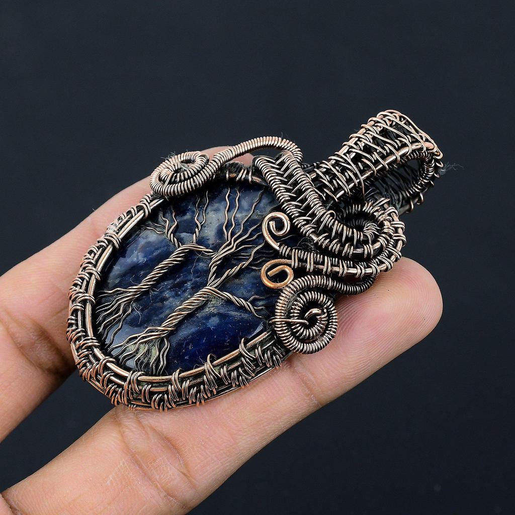 Double Tree of Life Sodalite Pendant, Gemstone 999 Copper Wire Wrapped Jewelry Pendant, Handmade Jewelry Birthstone Pendant, Gift For Him