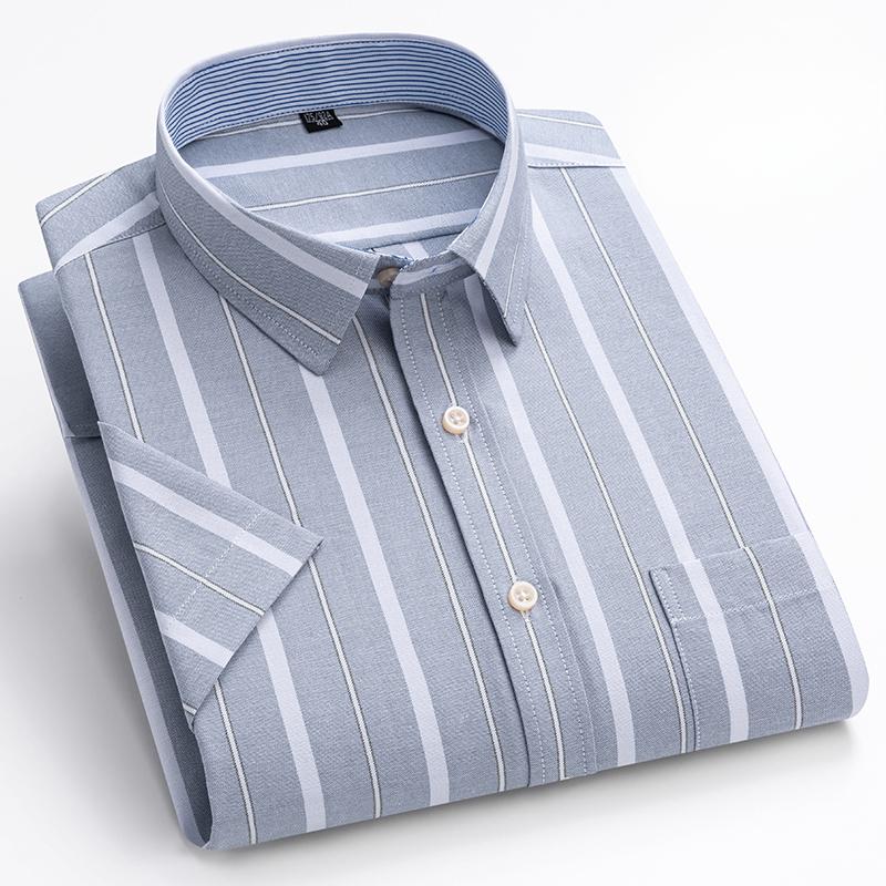 2026 New Men's 100% Cotton Short sleeved Shirt  Single Chest Pocket Work Casual Standard-fit Plaid Striped Oxford Shirts 100KG