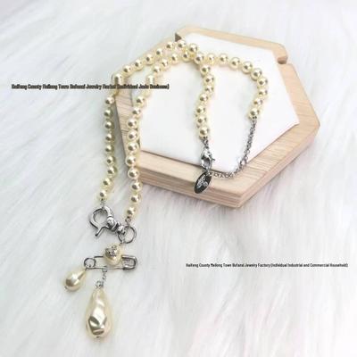 Empress Dowager Baroque Pearl Saturn Brooch Necklace & Earrings Set: Light Luxury Fashion Clavicle Chain
