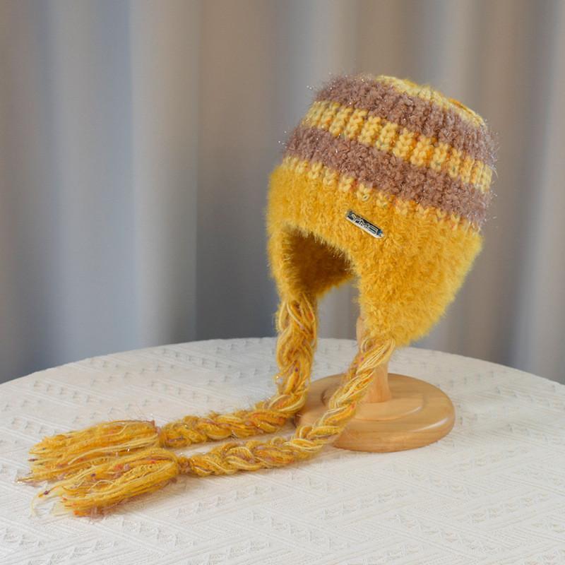 Fashionable Plush Winter Beanie With Ear Flap And Knit Material For Women жёлтый