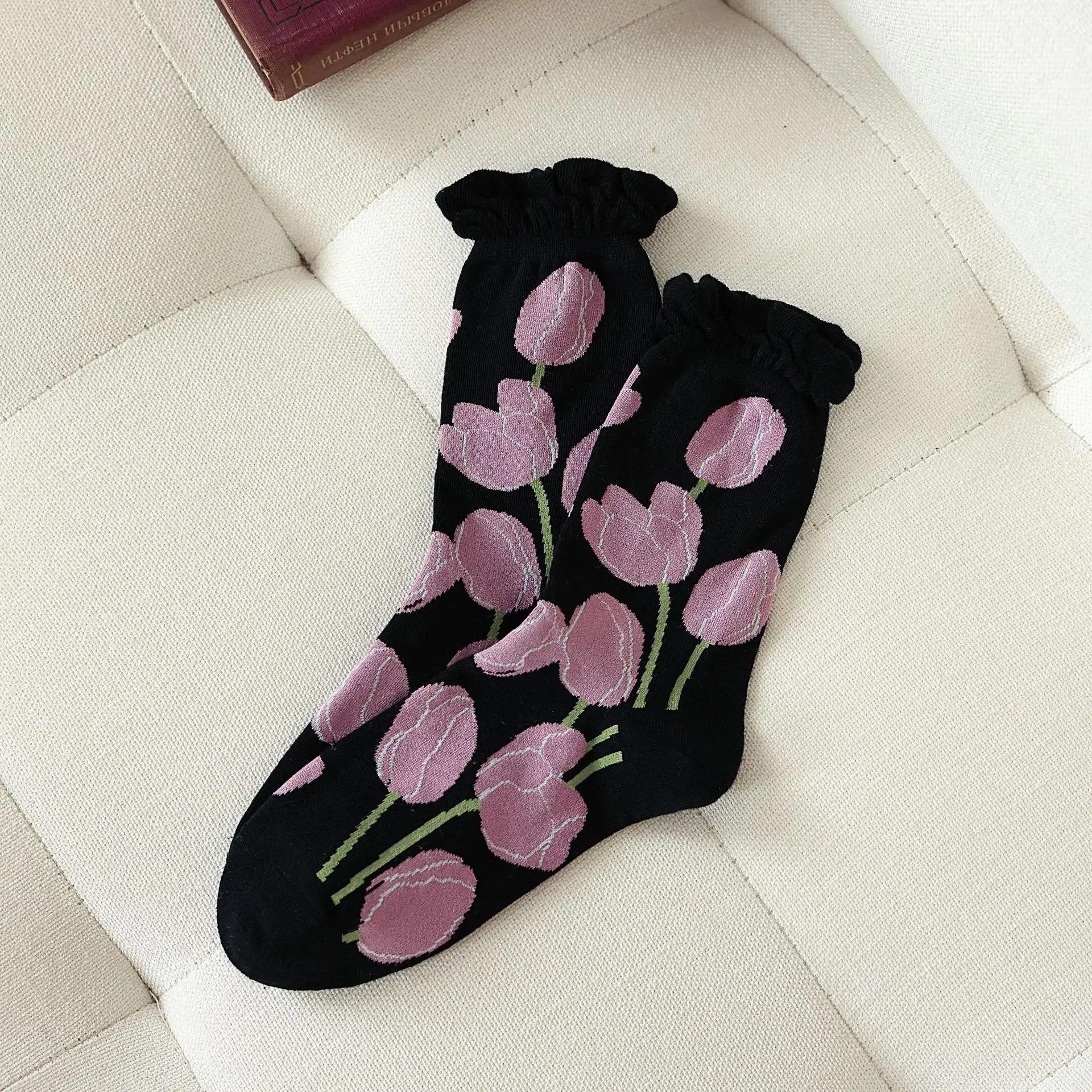 

Носки с оборками, цветочный принт, уличные носки в стиле ретро в стиле Харадзюку, средние носки для женщин, повседневные носки в клетку для милых девочек в стиле JK Lolita Kawaii, милые носки