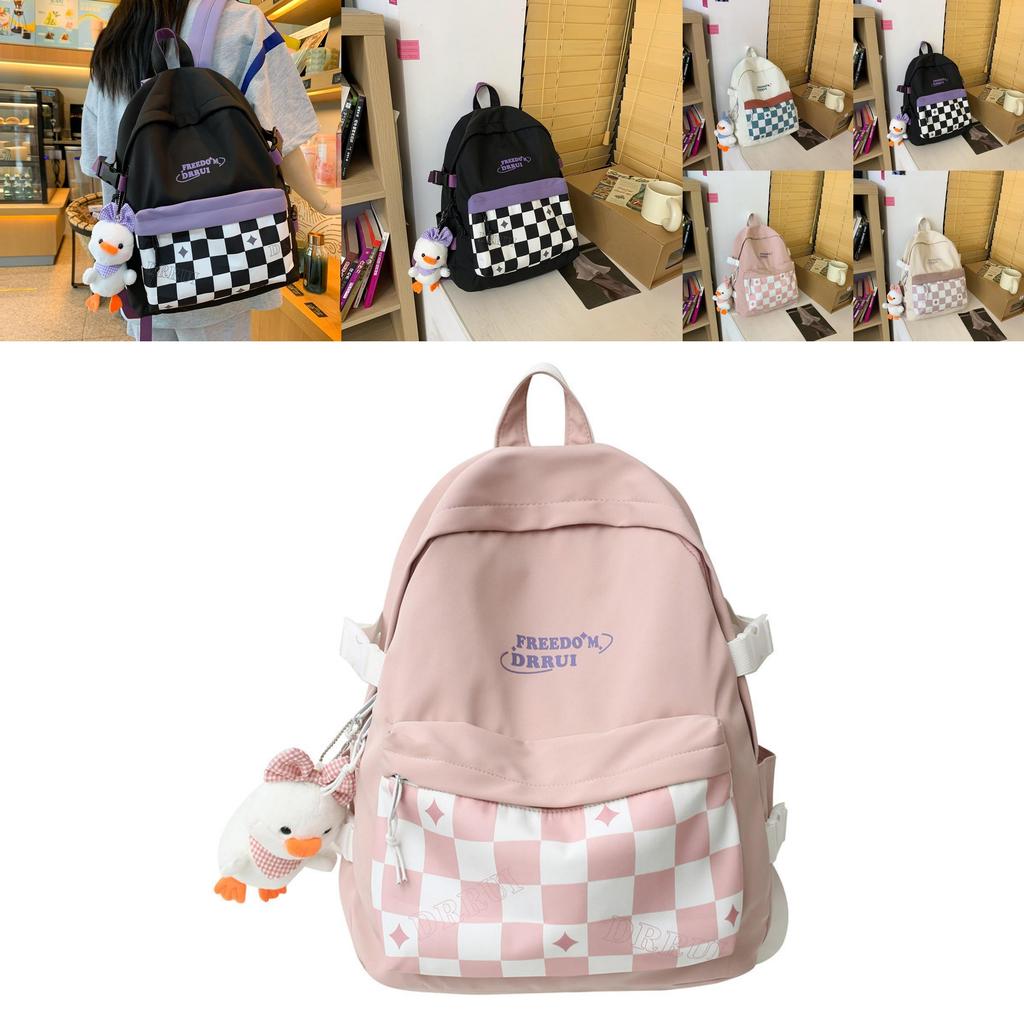 Simplified Checkered Letter Pattern Student Backpack With Plush Pendant For Middle School Students