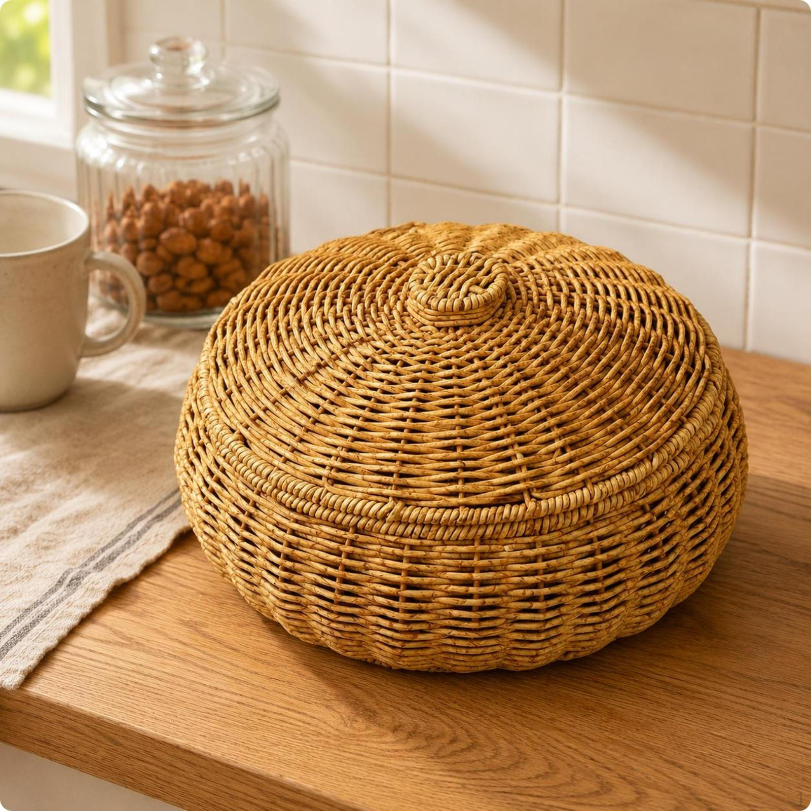 Wicker Basket with Lid Handwoven Lidded Rattan Textured Weave S Round W S Round Basket W Lid