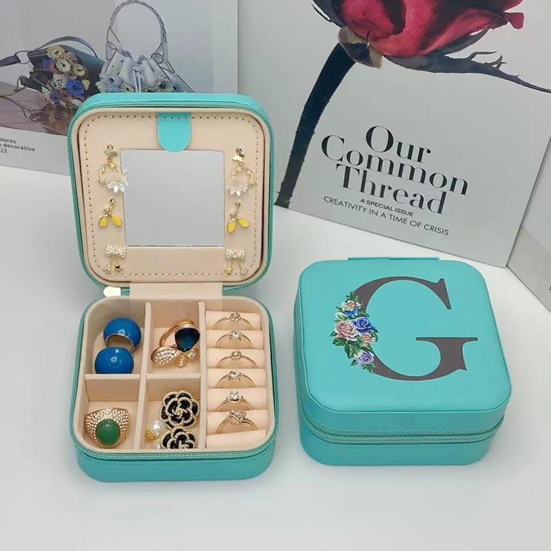 PU Leather Jewelry Box Mirror Storage Box 26 Letter Printed Portable Jewelry Organizer Earring Ring Necklace Case