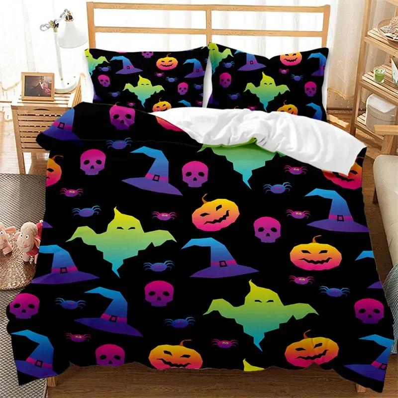 Cartoon Pumpkin Duvet Cover Gothic Halloween Skull Bedding Set Polyester Lantern Ghost Comforter Cover King For Boys Girls Decor