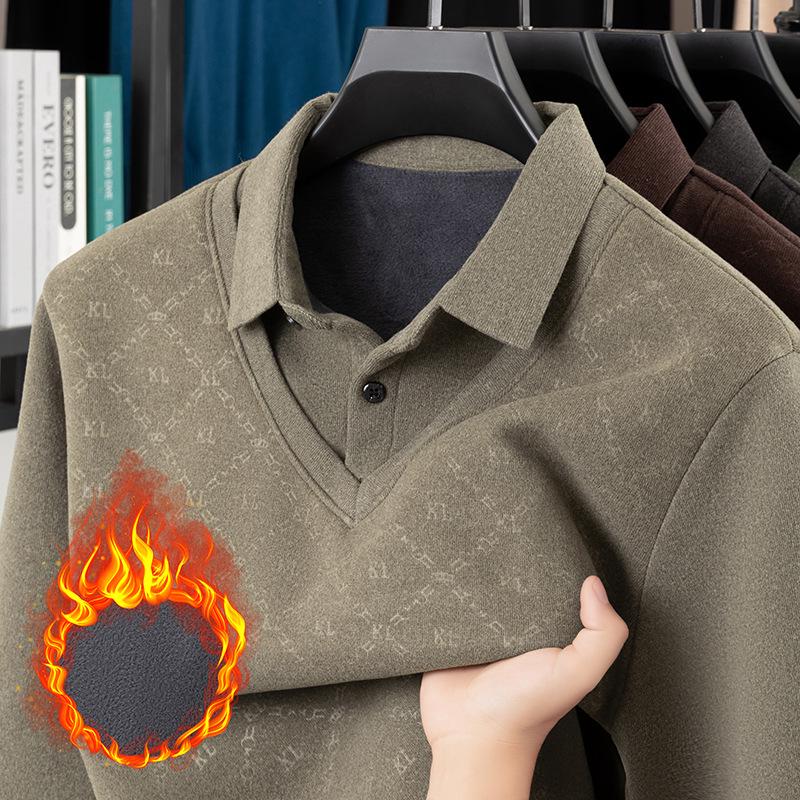 Fleece-Lined Two-Piece Lapel Polo Shirt: Men's Warm Autumn/Winter Casual Print Top