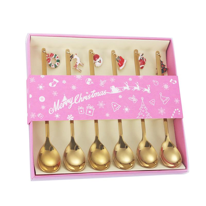 6Pcs Coffee Spoon Mixing Scoops Stirring Spoons Stainless Steel Spoon Christmas Gift Box Set Party Table Ornaments Coffee Spoon