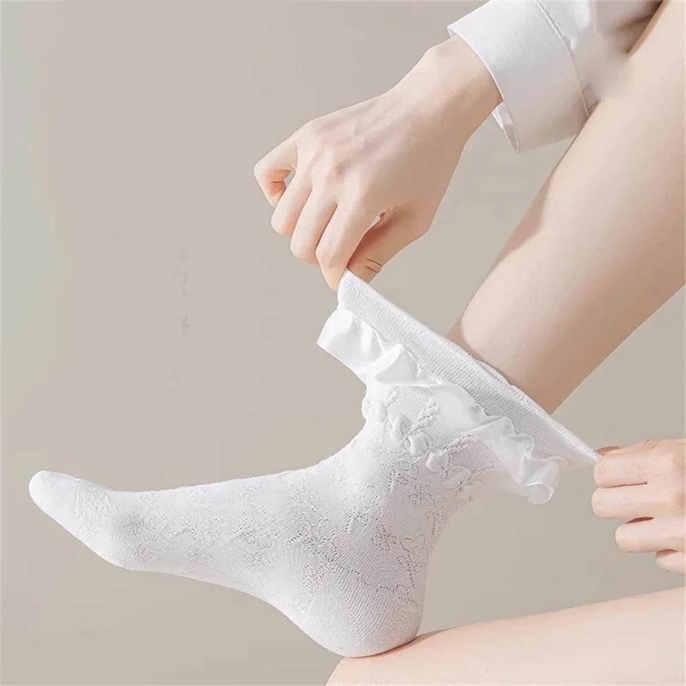 3 Pairs Lolita Socks White Black Lace Girls Socks Middle Tube Japanese College Style Princess Socks Sweet JK Streetwear Hosiery