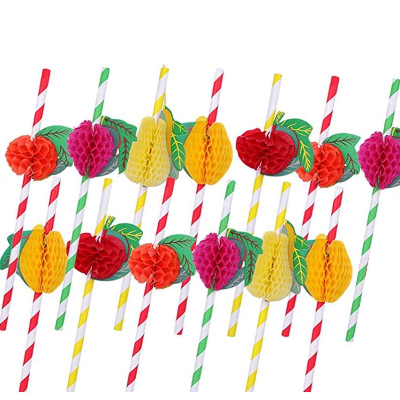 Hawaiian Party Set: 3D Honeycomb Fruit Straws, Umbrella Picks, Pineapple & Watermelon Decorations