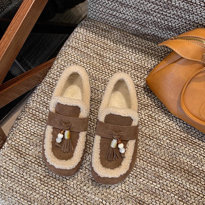 

Обувь Doudou зимняя бархатная 2025 осень новая мягкая подошва на одной педали удобные ретро снежные хлопковые теплые лоферы женские 40 коричневый