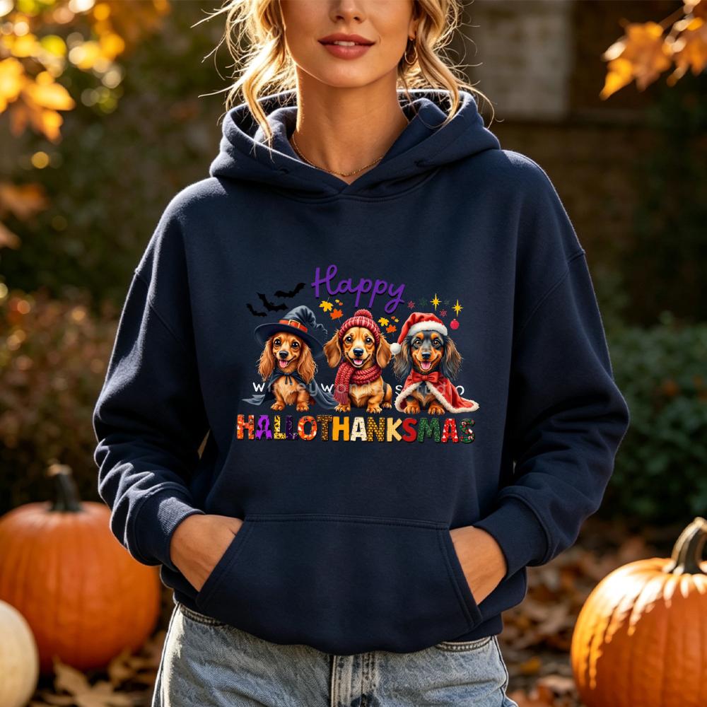 Happy Hallothanksmas Dachshund Dog Hoodies Women Autumn Winter Halloween Christmas Graphic Pocket Hooded Sweatshirt Unisex